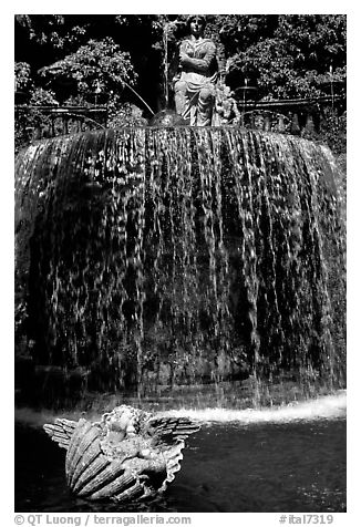 Elaborate fountain in the gardens of Villa d'Este. Tivoli, Lazio, Italy (black and white)