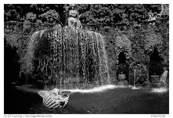 Elaborate fountain in the gardens of Villa d'Este. Tivoli, Lazio, Italy (black and white)