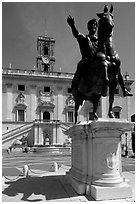 Equestrian status of Marcus Aurelius in front of the Palazzo Senatorio. Rome, Lazio, Italy (black and white)