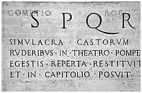 Inscription in Latin with the SPQR letters of the Ancient Roman Empire. Rome, Lazio, Italy (black and white)