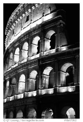 Colosseum illuminated night. Rome, Lazio, Italy (black and white)