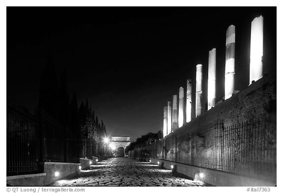 Via Sacra at night. Rome, Lazio, Italy (black and white)