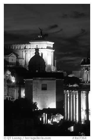 Roman Forum by night. Rome, Lazio, Italy (black and white)