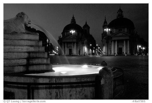 Fountain in Piazza Del Popolo at night. Rome, Lazio, Italy