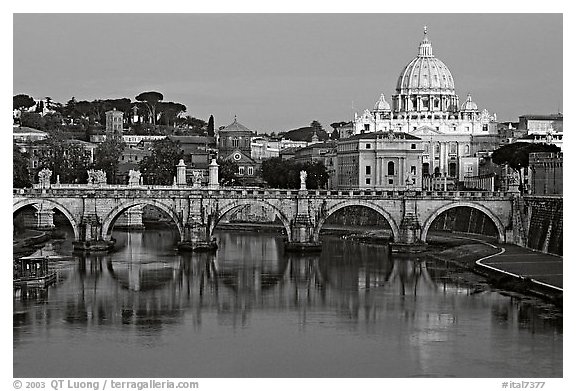 Ponte Sant'Angelo over the Tiber, and Basilica San Pietro, sunrise. Vatican City