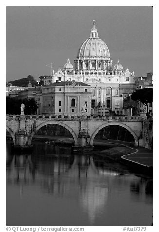 Bridge and Basilic Saint Peter reflected in Tiber River, sunrise. Vatican City (black and white)