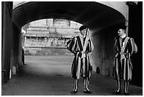 Swiss guards in blue, red, orange and yellow  Renaissance uniform. Vatican City (black and white)