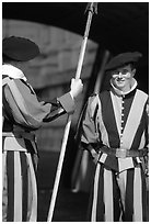 Papal Swiss guards in colorful traditional uniform. Vatican City (black and white)