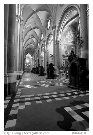 Church side aisle. Naples, Campania, Italy (black and white)