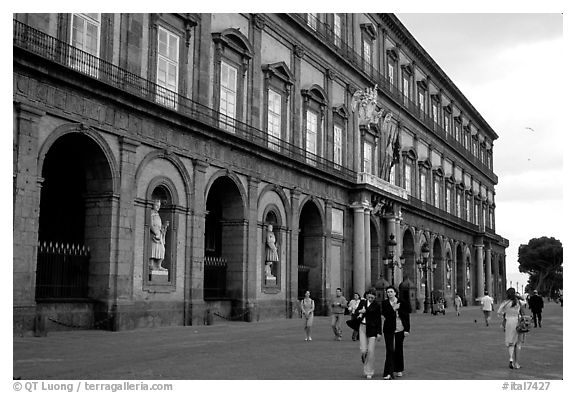 Facade of Palazzo Reale (Royal Palace). Naples, Campania, Italy (black and white)