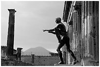 Statue of Apollon, Temple, and Mt Vesuvius. Pompeii, Campania, Italy ( black and white)