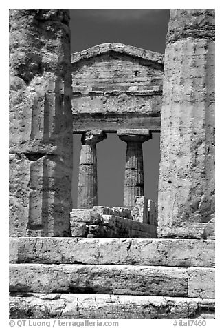 Ruins of Tempio di Cerere (Temple of Ceres). Campania, Italy (black and white)