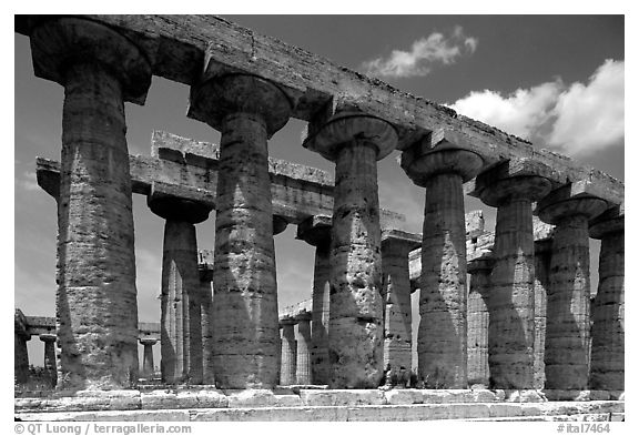 Columns of Greek Temple of Neptune. Campania, Italy (black and white)