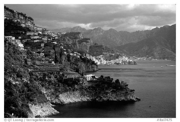 Coastline with Amalfi in the background. Amalfi Coast, Campania, Italy