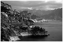 Coastline with Amalfi in the background. Amalfi Coast, Campania, Italy (black and white)