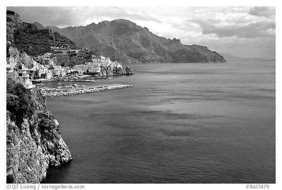 Blue waters and Amalfi. Amalfi Coast, Campania, Italy (black and white)