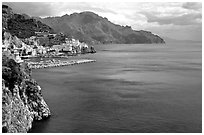 Blue waters and Amalfi. Amalfi Coast, Campania, Italy (black and white)