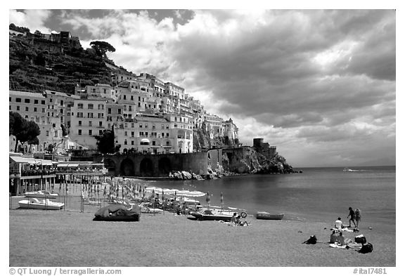 Beach and houses,  Amalfi. Amalfi Coast, Campania, Italy (black and white)