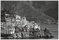 Houses built on a rocky promontory in Amalfi. Amalfi Coast, Campania, Italy ( black and white)