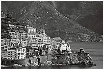 Houses built on a rocky promontory in Amalfi. Amalfi Coast, Campania, Italy (black and white)