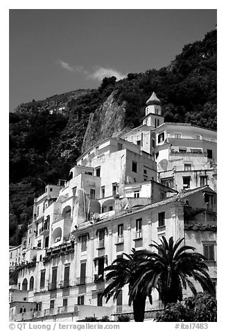 Hillside houses and church, Amalfi. Amalfi Coast, Campania, Italy (black and white)