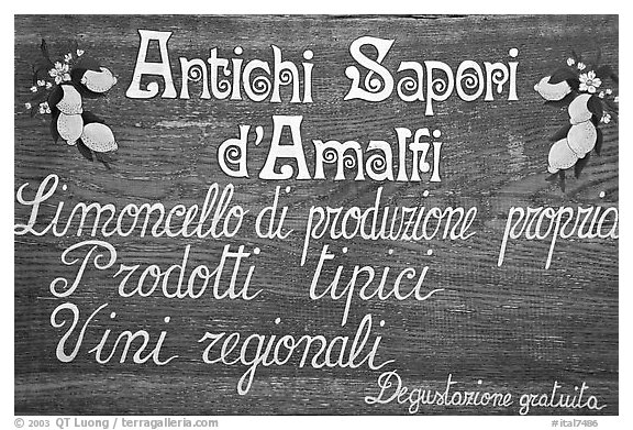 Sign advertising Lemoncelo, the local lemon-based liquor, Amalfi. Amalfi Coast, Campania, Italy (black and white)