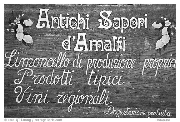 Sign advertising Lemoncelo, the local lemon-based liquor, Amalfi. Amalfi Coast, Campania, Italy