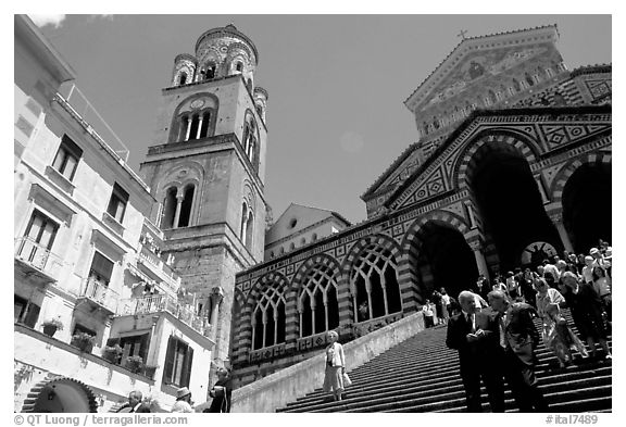 Flight of stairs and ornate Duomo Sant'Andrea, Amalfi. Amalfi Coast, Campania, Italy