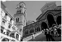 Flight of stairs and ornate Duomo Sant'Andrea, Amalfi. Amalfi Coast, Campania, Italy (black and white)