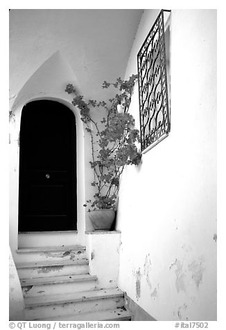 Door, red flowers, white walls, Positano. Amalfi Coast, Campania, Italy