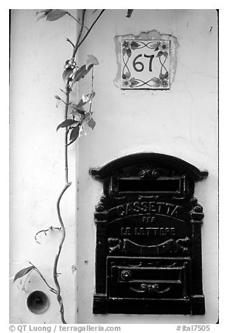 Mailbox and street number, Positano. Amalfi Coast, Campania, Italy (black and white)