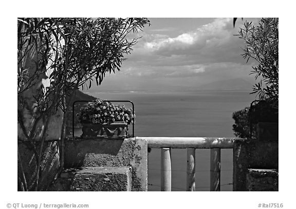 Sea seen from a terrace of Villa Rufulo, Ravello. Amalfi Coast, Campania, Italy (black and white)