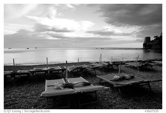 Beach chairs at sunset, Positano. Amalfi Coast, Campania, Italy (black and white)