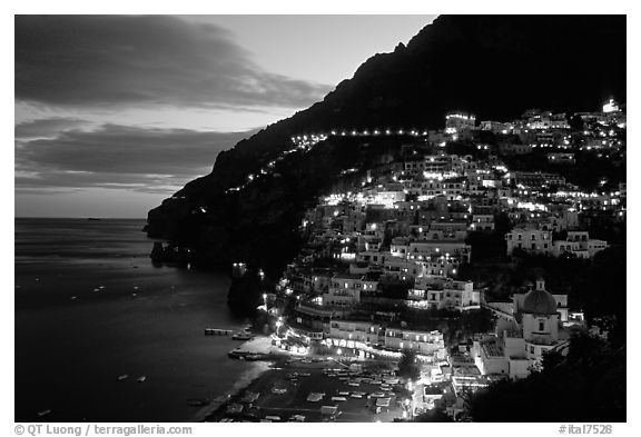 Lights on Positano. Amalfi Coast, Campania, Italy (black and white)