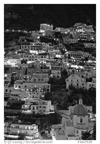 Houses on steep hill at sunset, Positano. Amalfi Coast, Campania, Italy