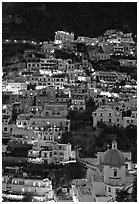 Houses on steep hill at sunset, Positano. Amalfi Coast, Campania, Italy (black and white)