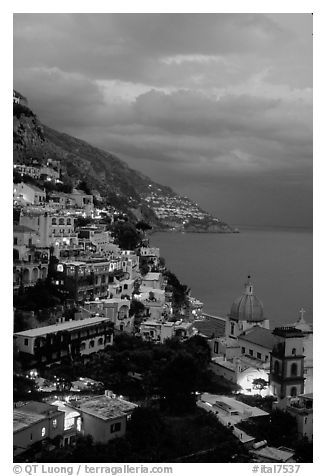 Positano and Mediterranean  at dusk. Amalfi Coast, Campania, Italy (black and white)