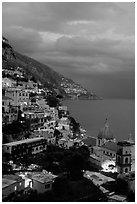 Positano and Mediterranean  at dusk. Amalfi Coast, Campania, Italy (black and white)