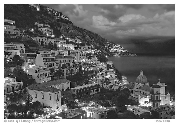 Positano and Mediterranean before nightfall. Amalfi Coast, Campania, Italy