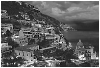 Positano and Mediterranean before nightfall. Amalfi Coast, Campania, Italy (black and white)