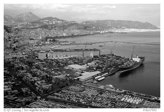 Salerno, with its industrial port in the foreground. Amalfi Coast, Campania, Italy (black and white)