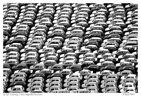 Cars waiting for shipping in Salerno port. Amalfi Coast, Campania, Italy (black and white)