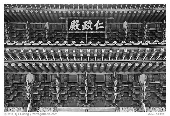 Under roof detail, Injeong-jeon, Changdeokgung Palace. Seoul, South Korea (black and white)