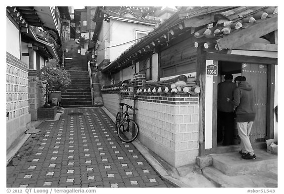 Alley in Bukchon Hanok Village. Seoul, South Korea (black and white)