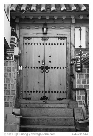 Wooden door, Bukchon Hanok Village. Seoul, South Korea (black and white)