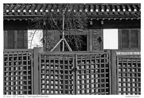 Traditional house facade and fence. Seoul, South Korea (black and white)