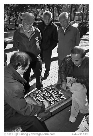 Pensioners gathering to play game of go. Seoul, South Korea (black and white)