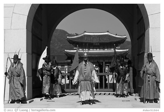 Gate guards and palace, Gyeongbokgung. Seoul, South Korea (black and white)