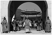 Gate guards and palace, Gyeongbokgung. Seoul, South Korea (black and white)