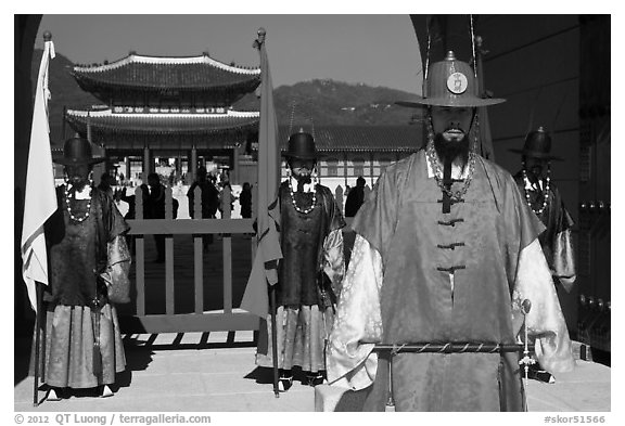 Guards in Joseon-period costumes, Gyeongbokgung. Seoul, South Korea (black and white)